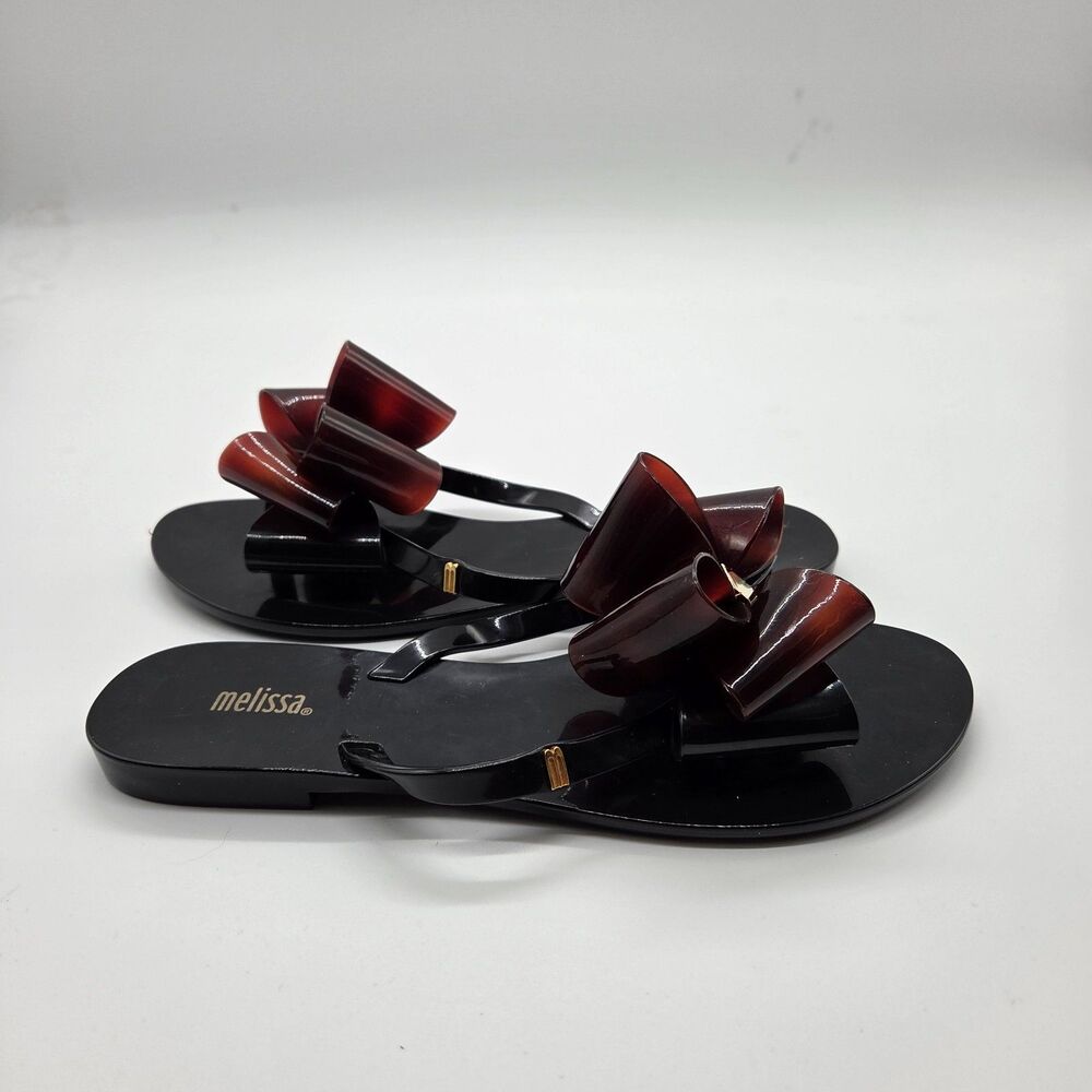 MELISSA Harmonic Bow IX Sandal Tortoise Black Thong Size 8